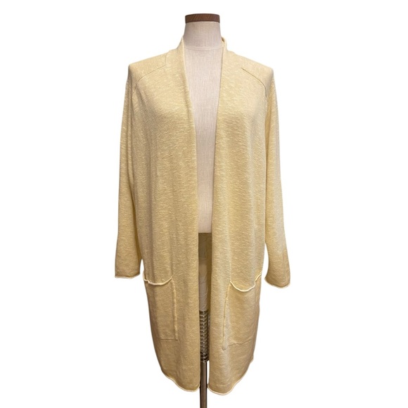 Eileen Fisher Organic Cotton Linen Slub Long Open Cardigan Butter Yellow Sz 2X